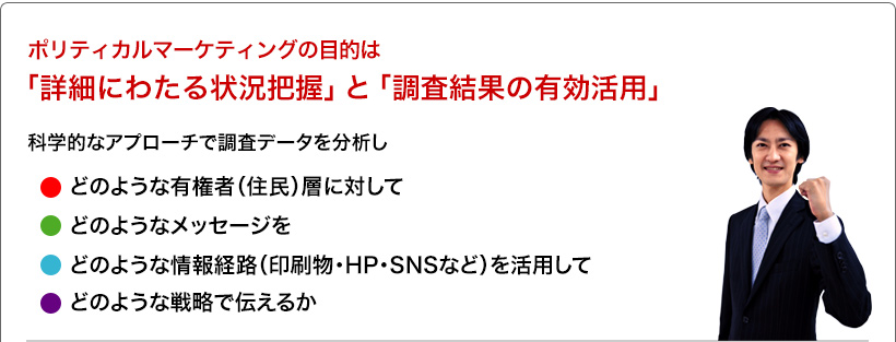 ポリティカルマーケティングの目的は、「詳細にわたる状況把握」と「調査結果の有効活用」