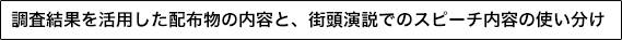 調査結果を活用した配布物の内容と、街頭演説でのスピーチ内容の使い分け